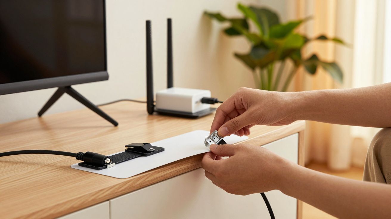 Manos conectando un cable en una mesa de madera, junto a un televisor y un router.