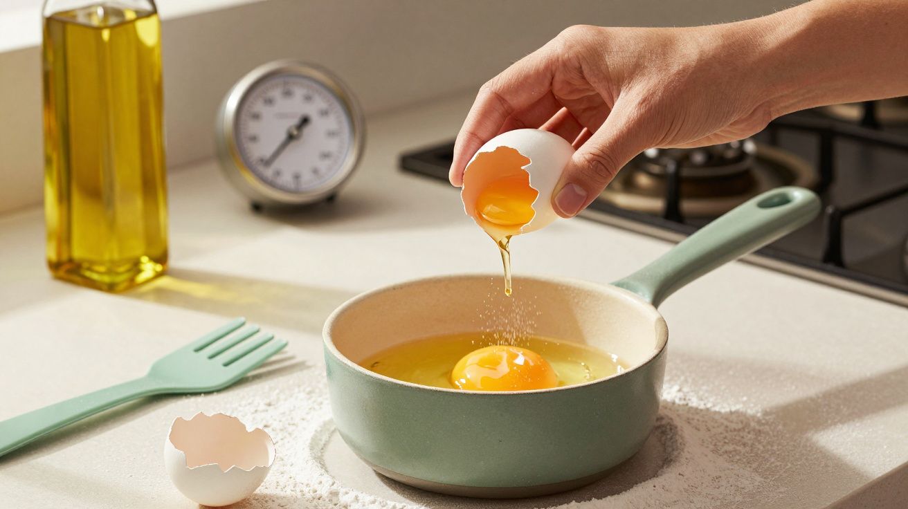 Una mano casca un huevo sobre una sartén en una cocina, con utensilios a su alrededor.