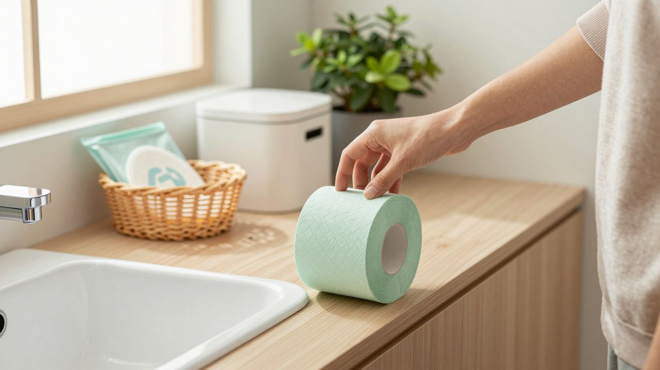 Mano colocando un rollo de papel higiénico verde sobre el lavabo junto a una cesta, plantas y dispensador.