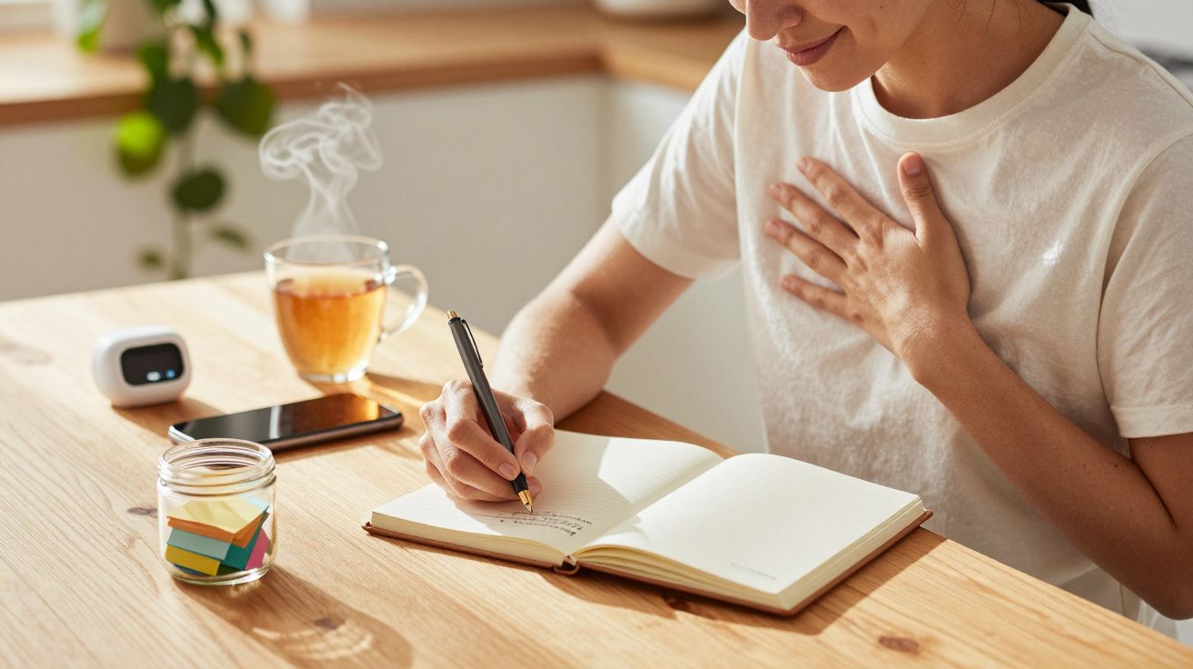 Persona escribiendo en un cuaderno en una mesa de madera, con taza de té y post-its al lado.