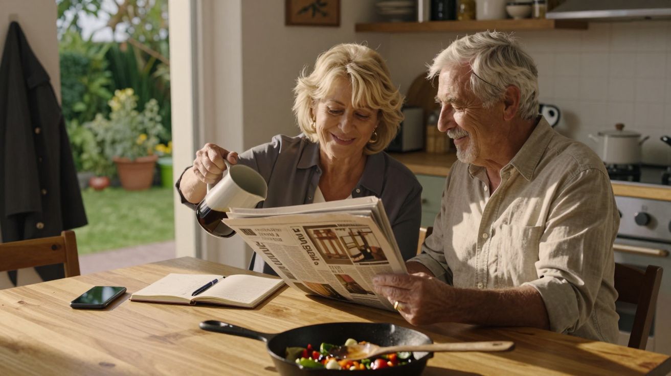 Pareja mayor desayunando en la cocina, leyendo el periódico y sirviendo café.