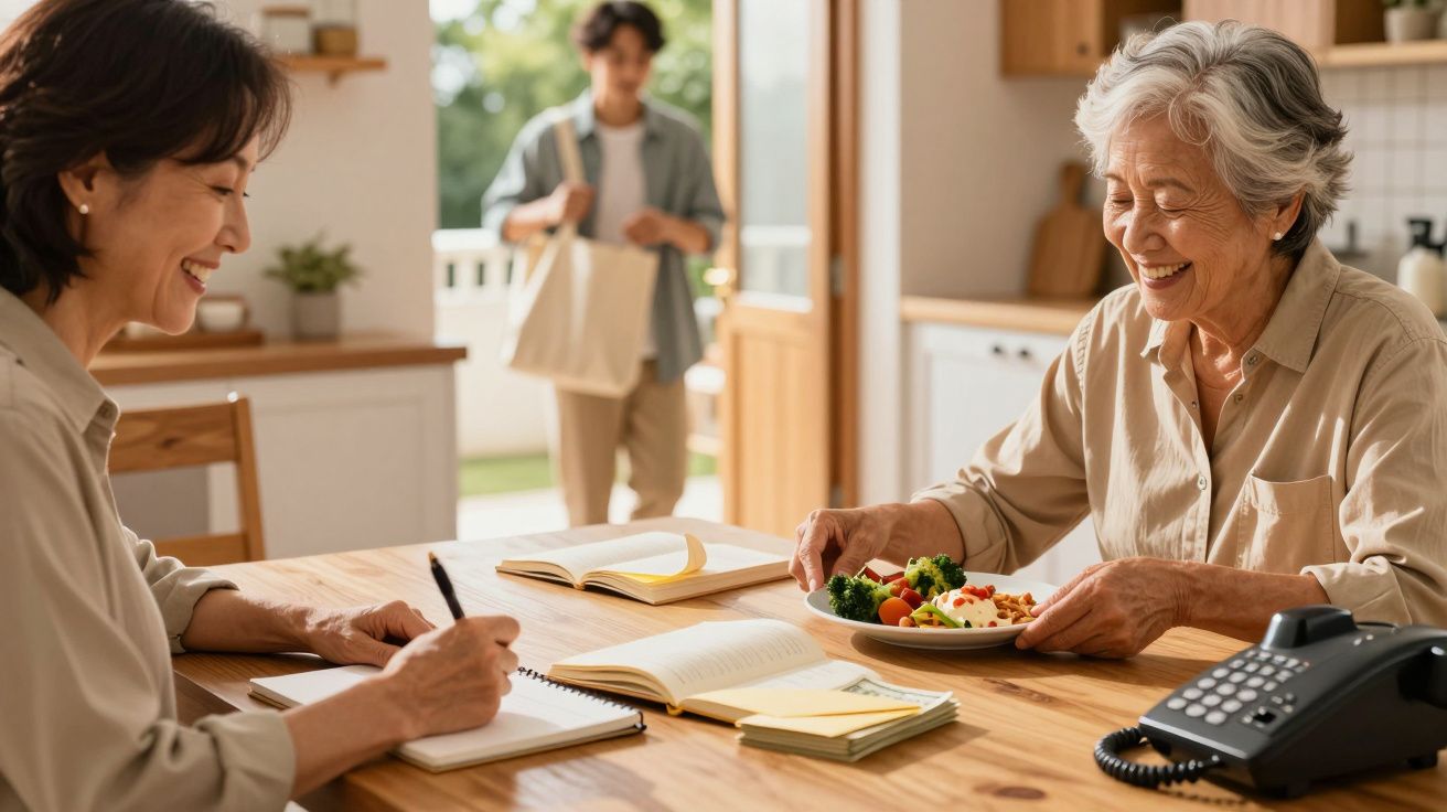 Dos mujeres mayores sonríen en la cocina, una con un plato de comida y otra escribiendo, mientras un hombre entra por la puer