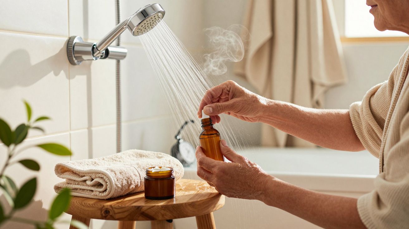 Manos abriendo frasco bajo la ducha con toallas y tarro en taburete de baño.