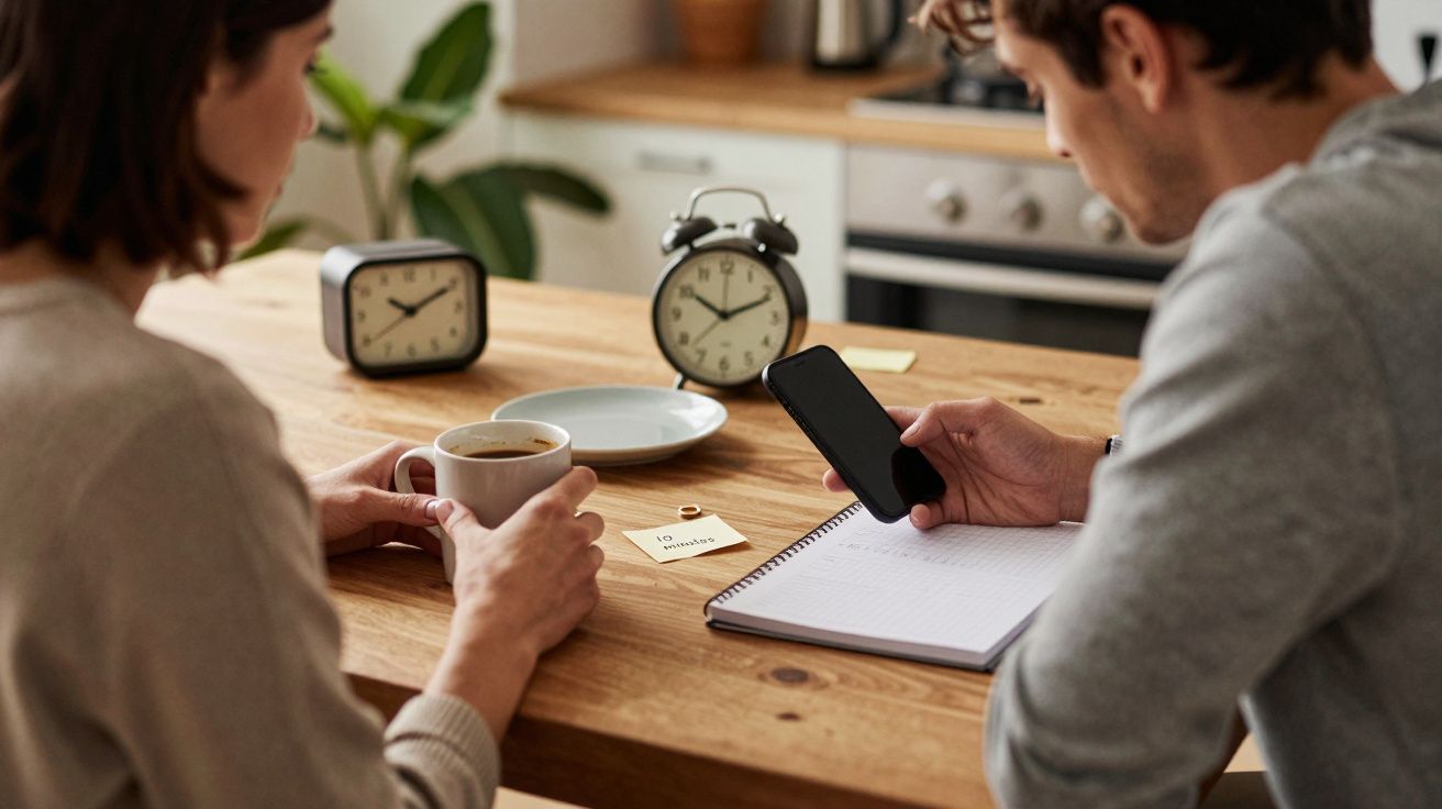 Dos personas sentadas en una mesa de madera con relojes, notas, un móvil y una taza de café.