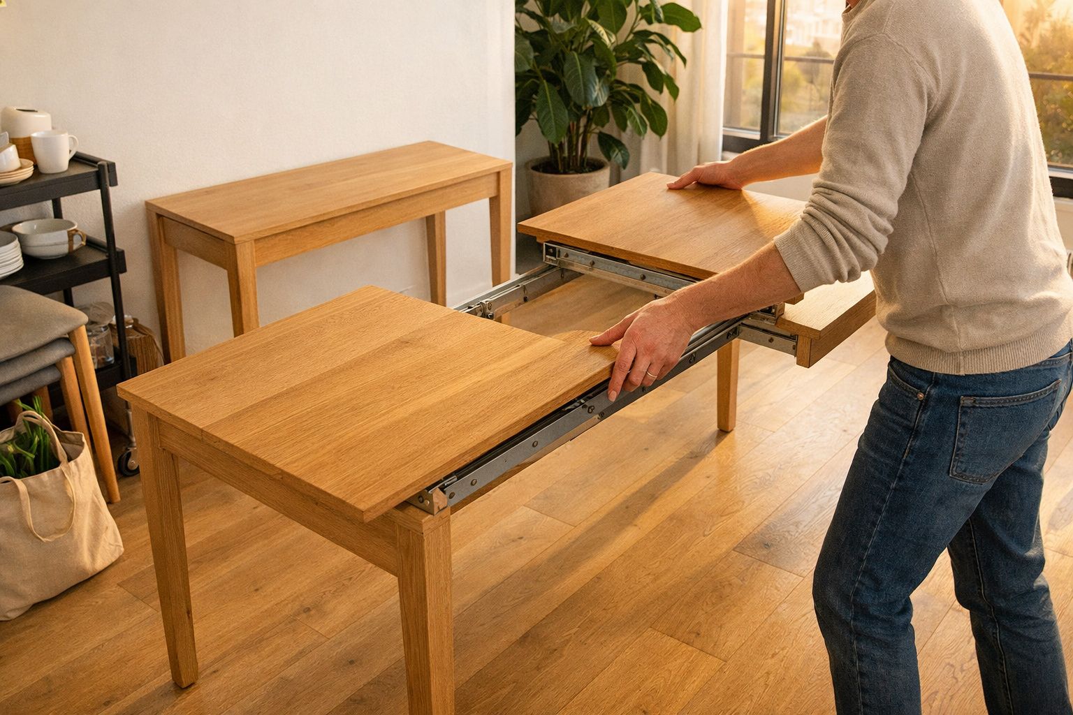 Persona ampliando una mesa de madera, con desayuno servido al fondo.