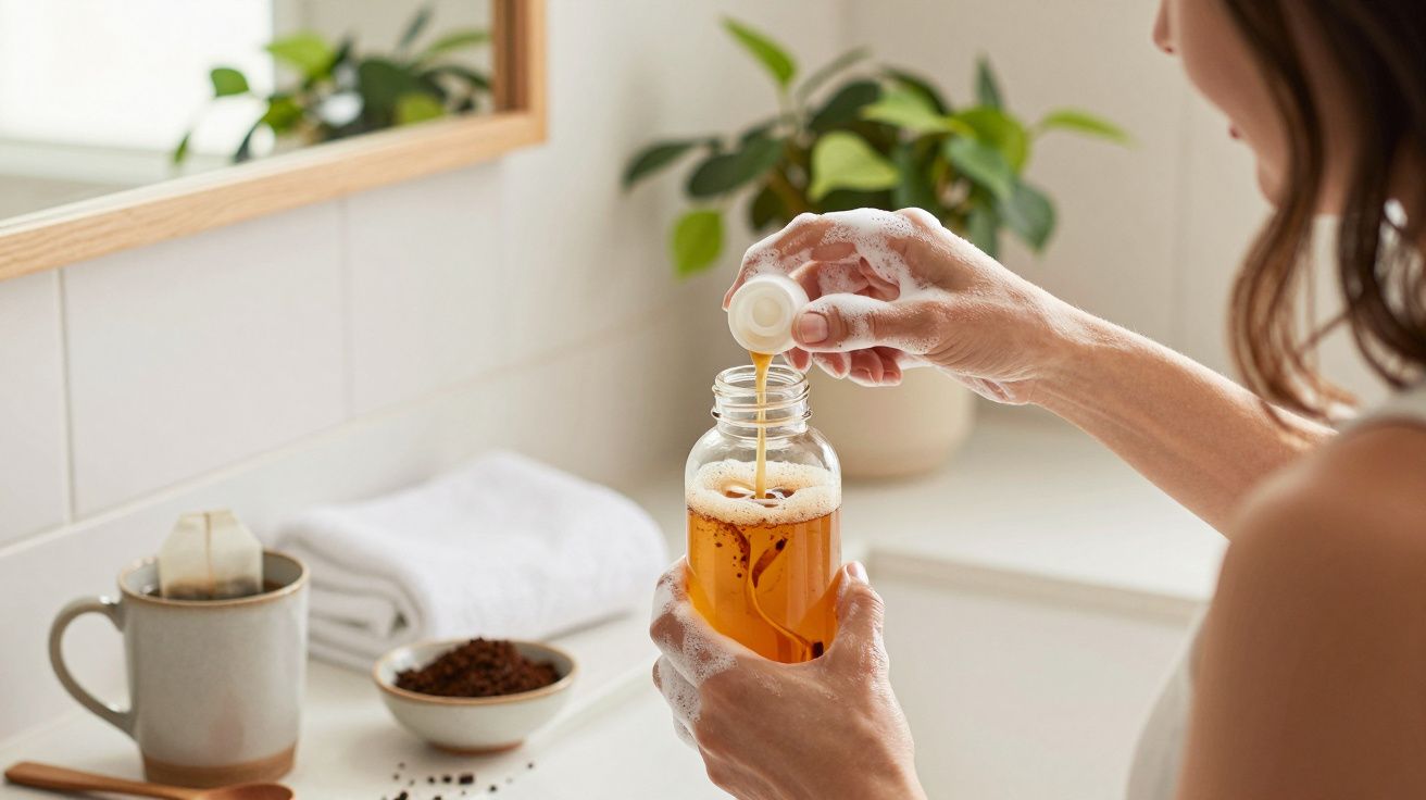 Mujer lavándose las manos con jabón en un baño, cerca de una planta, toallas y una taza.