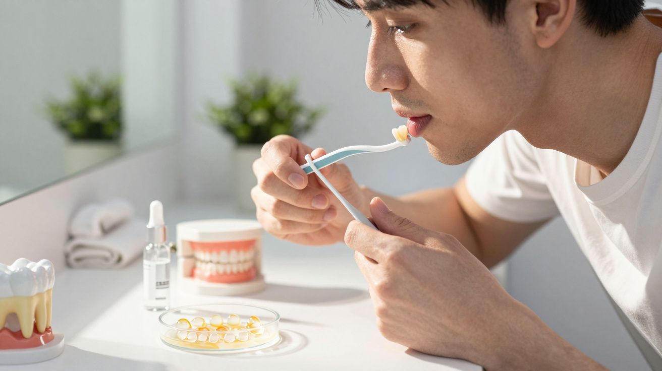 Hombre usando un modelo dental para practicar el cepillado de dientes en un baño iluminado.