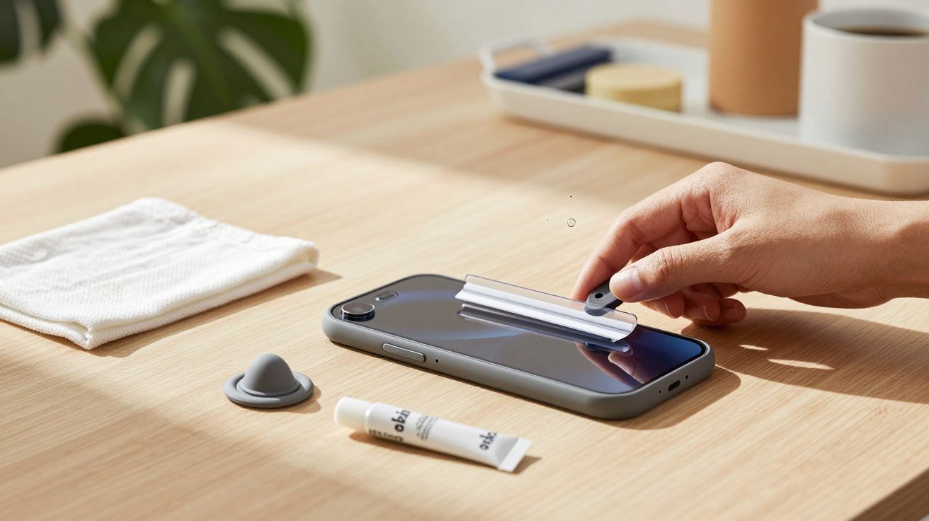 Mano aplicando líquido con una espátula sobre un teléfono móvil en una mesa de madera, junto a un paño y una goma.