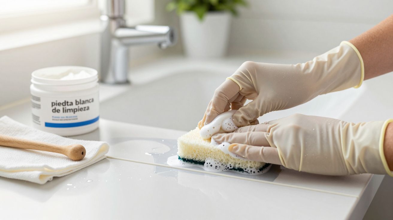 Manos con guantes limpiando un fregadero con esponja y producto.