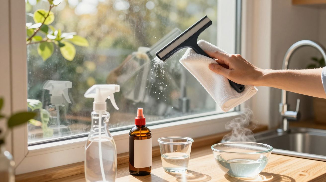 Mano limpiando ventana con rasqueta y paño, junto a frascos de productos de limpieza sobre el fregadero, luz natural.