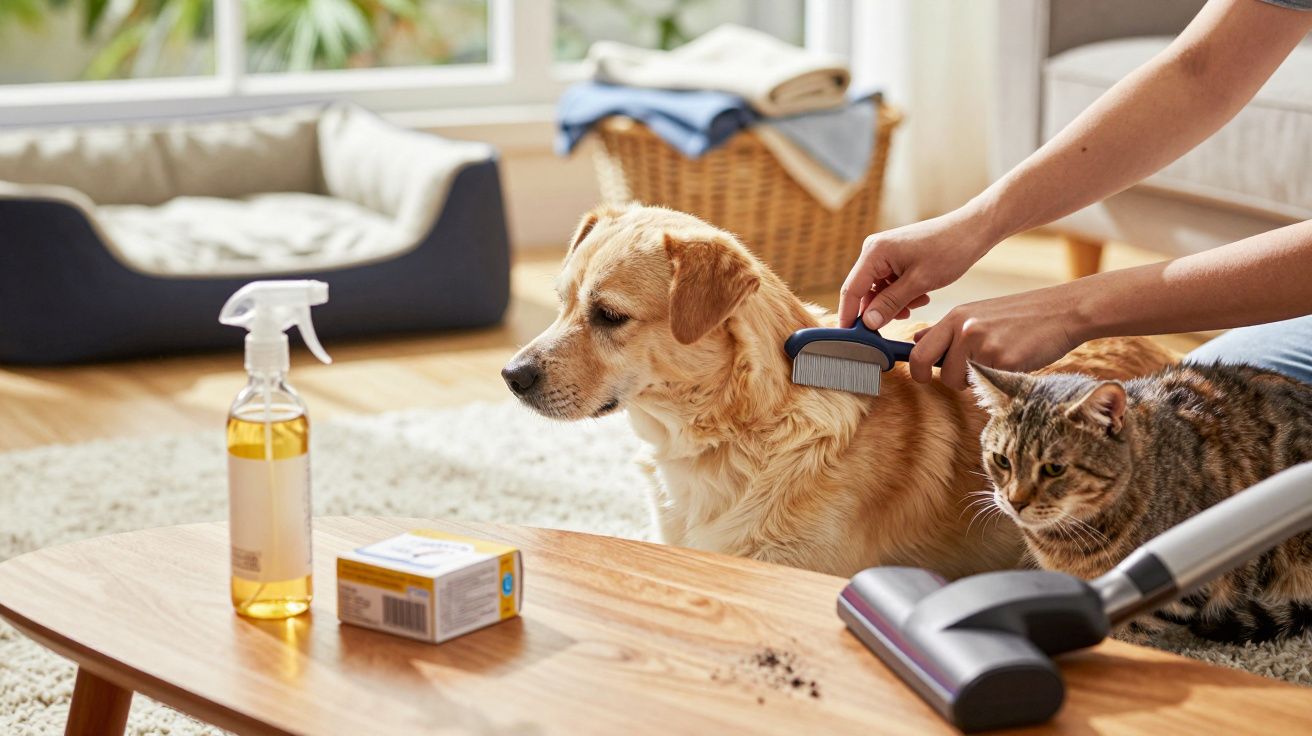 Persona cepillando a un perro junto a un gato en la sala de estar, con artículos de limpieza y cama de mascota al fondo.
