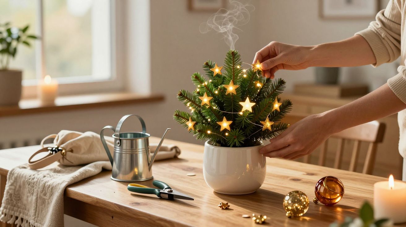 Manos decorando un pequeño árbol de Navidad con luces de estrella en una mesa de madera, junto a una regadera y velas.