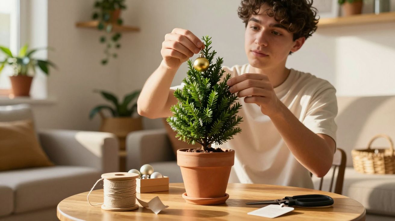 Joven decorando un pequeño árbol de Navidad con una bola dorada en una sala de estar iluminada por el sol.