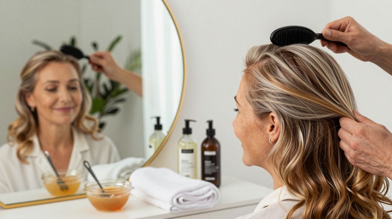 Mujer sonriendo mientras alguien le cepilla el cabello frente a un espejo con productos de cuidado personal.