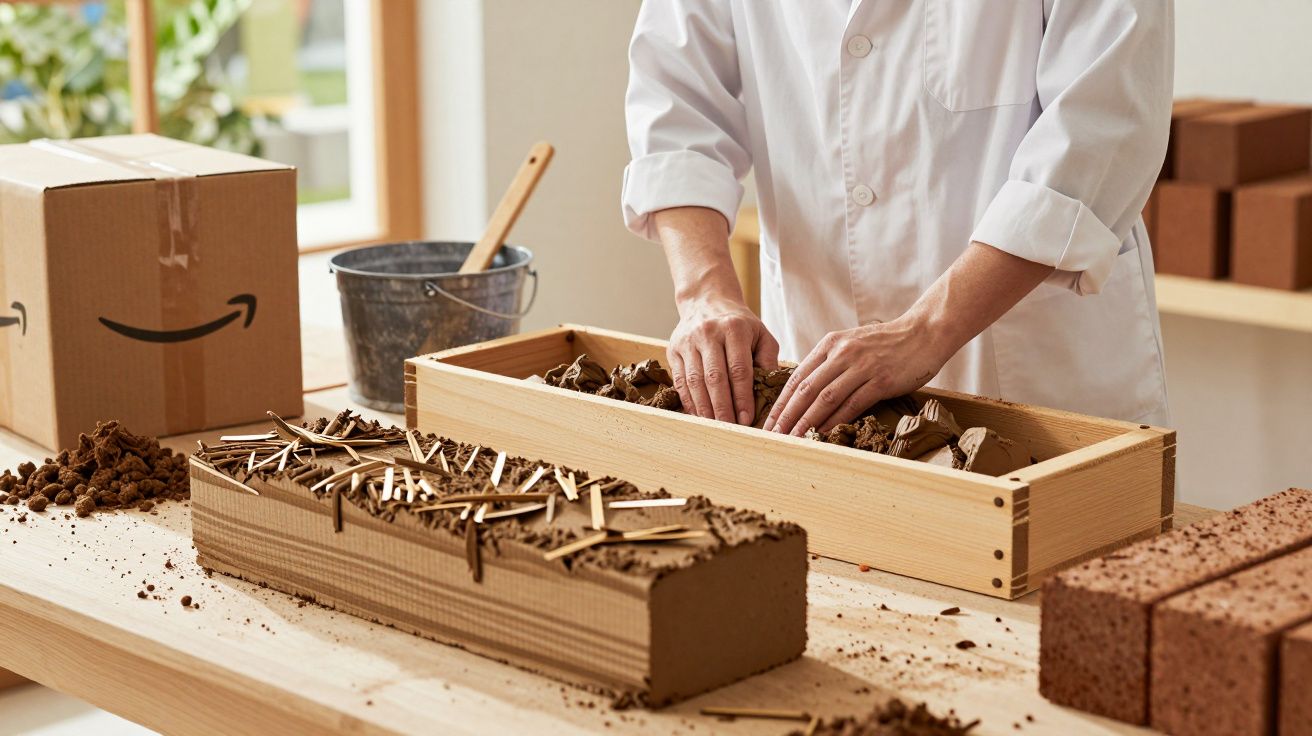 Persona haciendo ladrillos de barro en un molde de madera sobre una mesa de trabajo con herramientas y cajas alrededor.