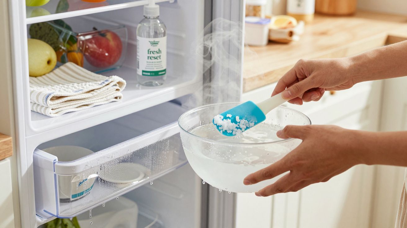 Manos sosteniendo un bol con espátula frente a un estante de frigorífico con frutas y toallas.