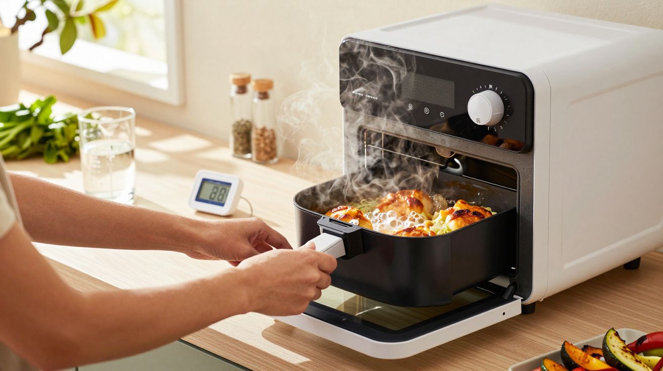 Persona sacando parmesano horneado de una freidora de aire en una cocina moderna.