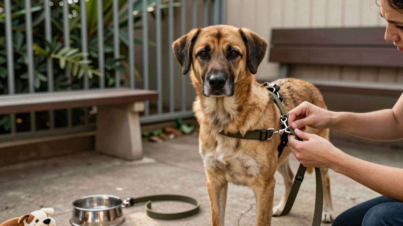 Perro marrón con arnés verde siendo abrochado por una persona. Hay un cuenco, una correa y un juguete en el suelo.