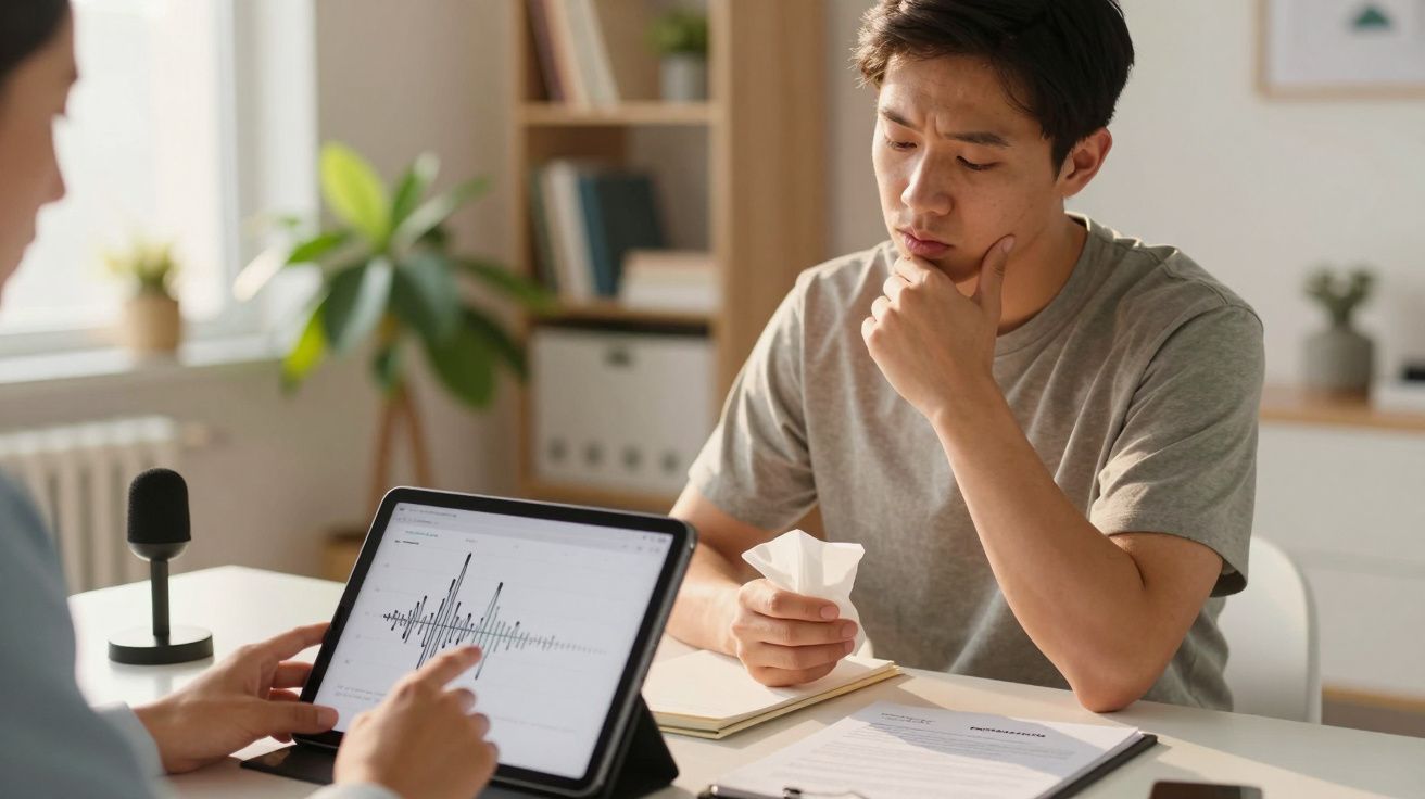 Persona revisando gráficos en una tableta mientras otra persona sostiene un pañuelo en la mano, pensativa.