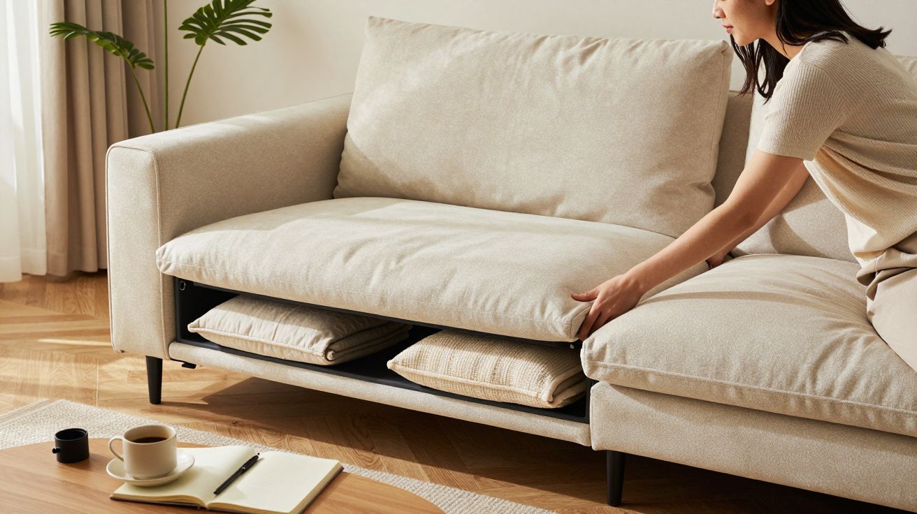 Mujer ajustando cojines del sofá beige en sala de estar, con mesa baja, cuaderno y taza de café.