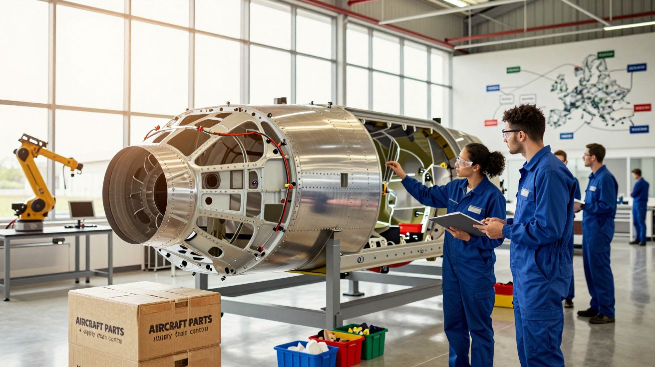Técnicos en uniforme azul inspeccionan componentes de avión en una fábrica iluminada, cajas y herramientas en primer plano.