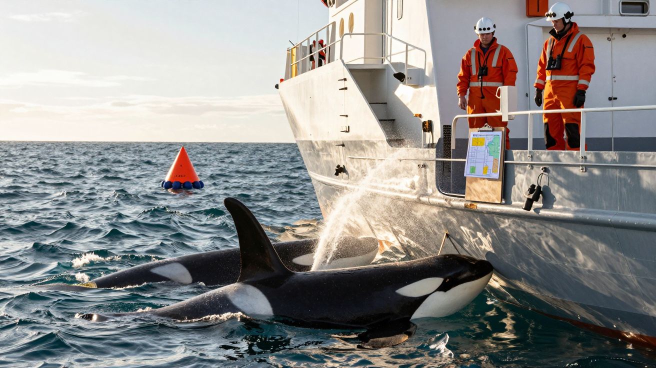 Dos orcas nadan cerca de un barco con tripulantes en trajes anaranjados en el océano.