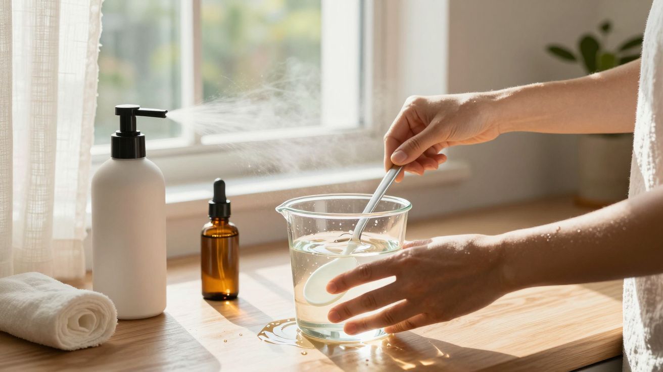 Manos mezclando líquido en un recipiente de vidrio junto a dispensador en una mesa de madera iluminada por la luz natural.