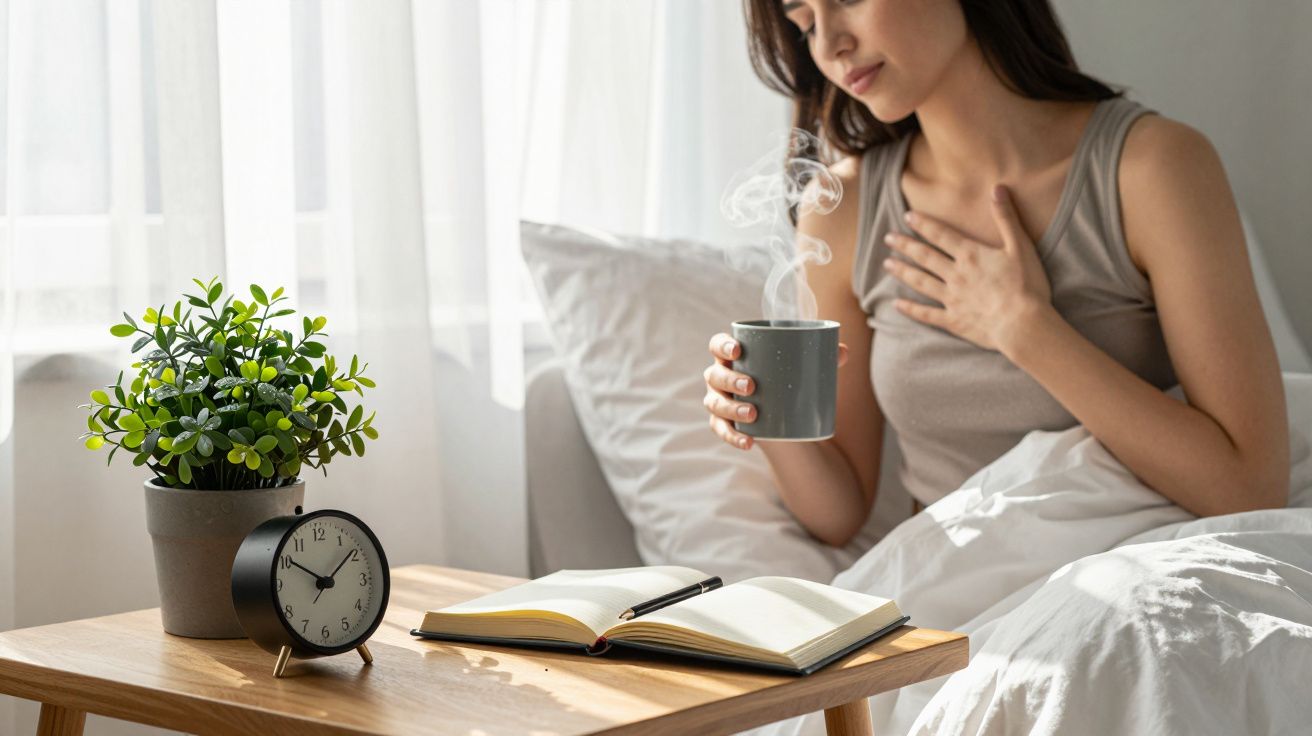 Mujer en la cama con taza de café caliente, libro abierto y reloj sobre la mesa junto a una planta.