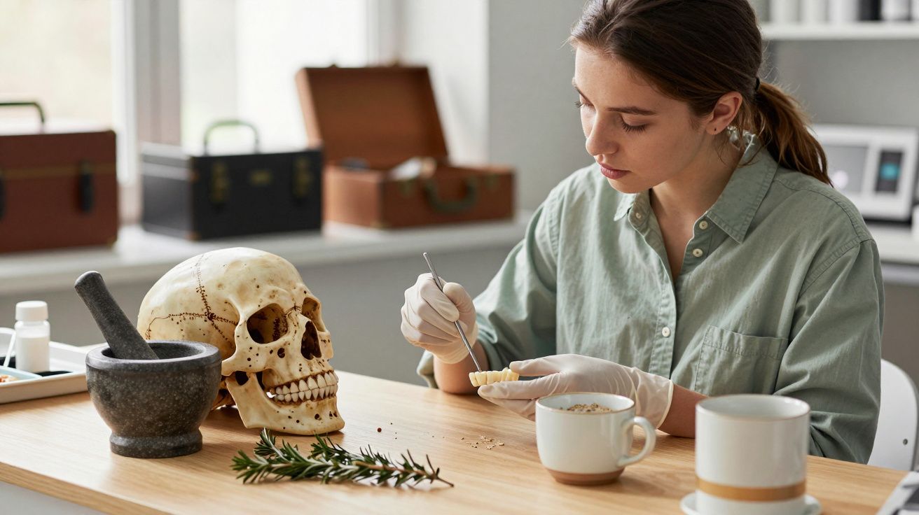 Mujer joven examinando un modelo de mandíbula junto a un cráneo en una mesa con utensilios científicos.
