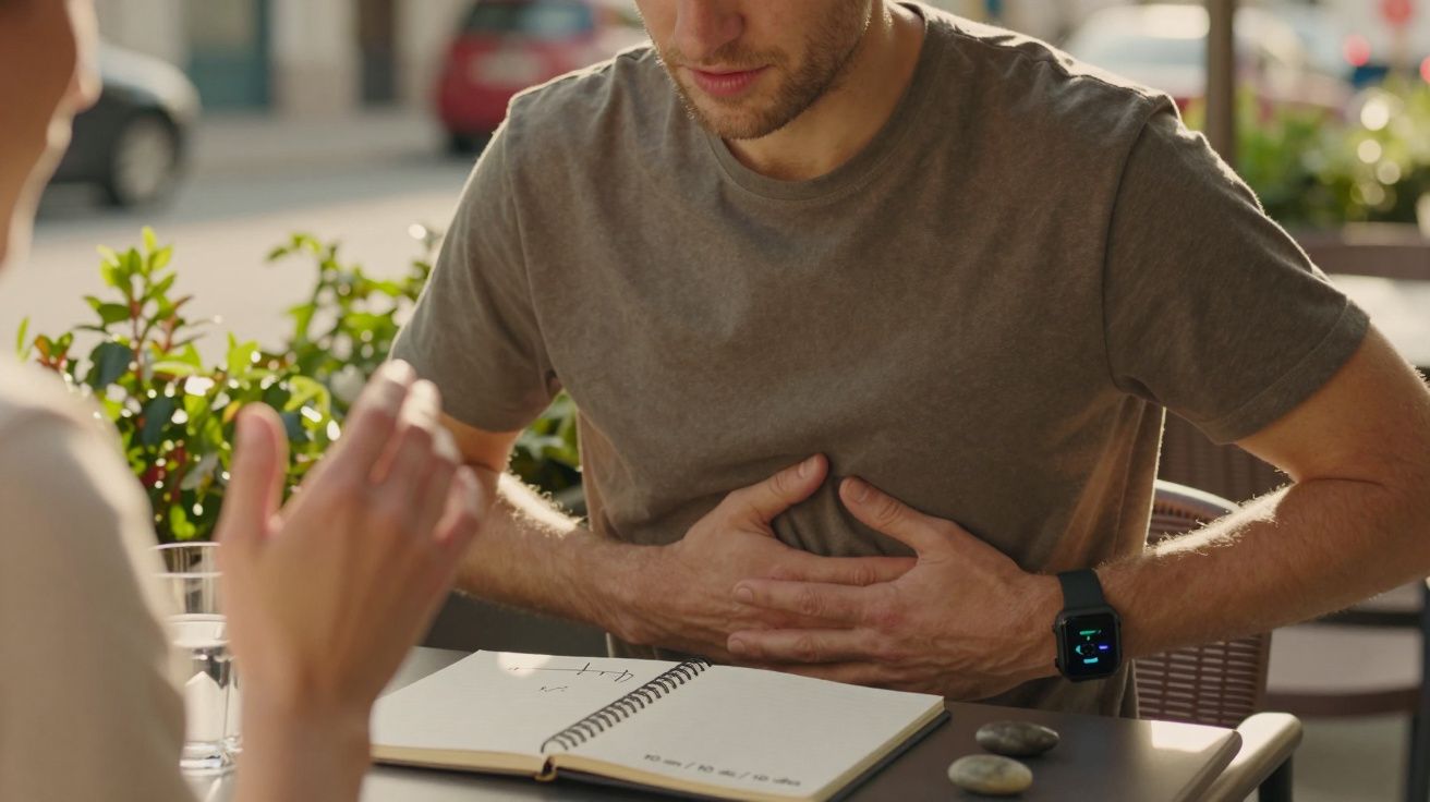 Hombre con dolor de estómago se toca el abdomen en una cafetería, mientras conversa con alguien frente a él.