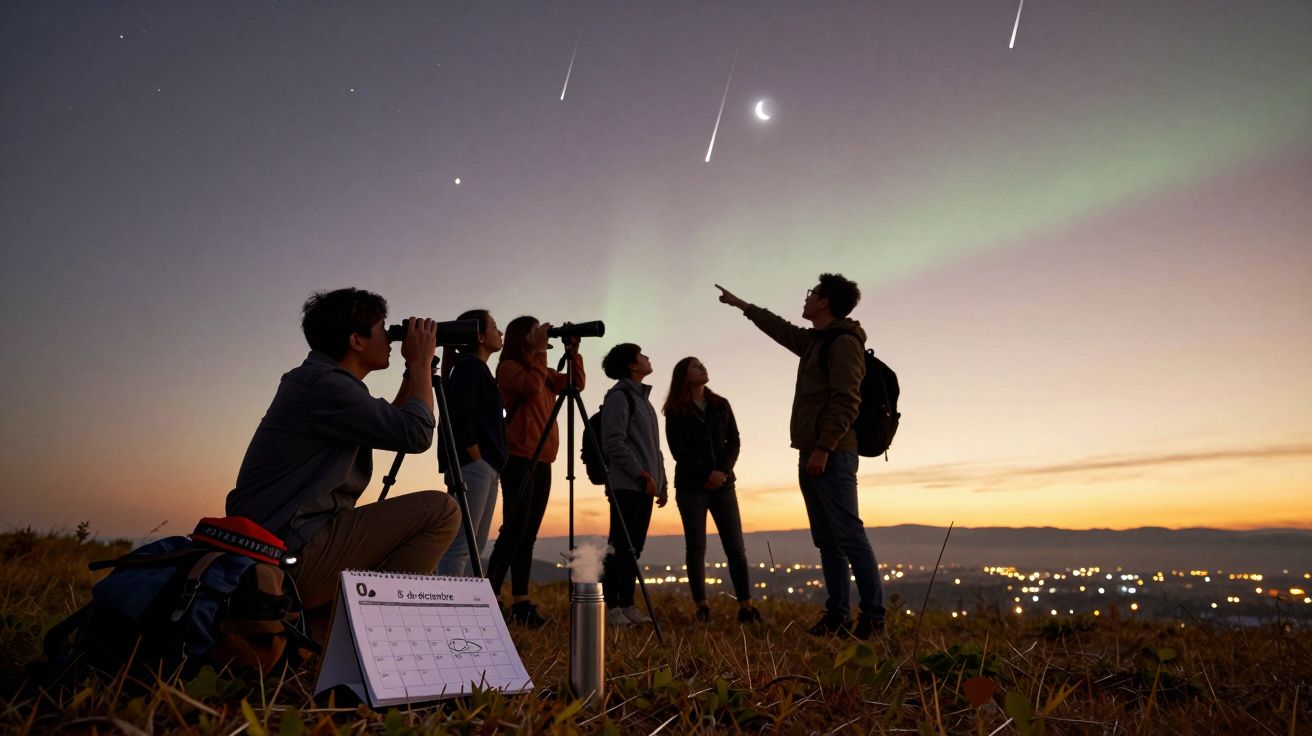 Un grupo de personas observa meteoros y la luna al anochecer con telescopios en un campo, con luces de ciudad de fondo.