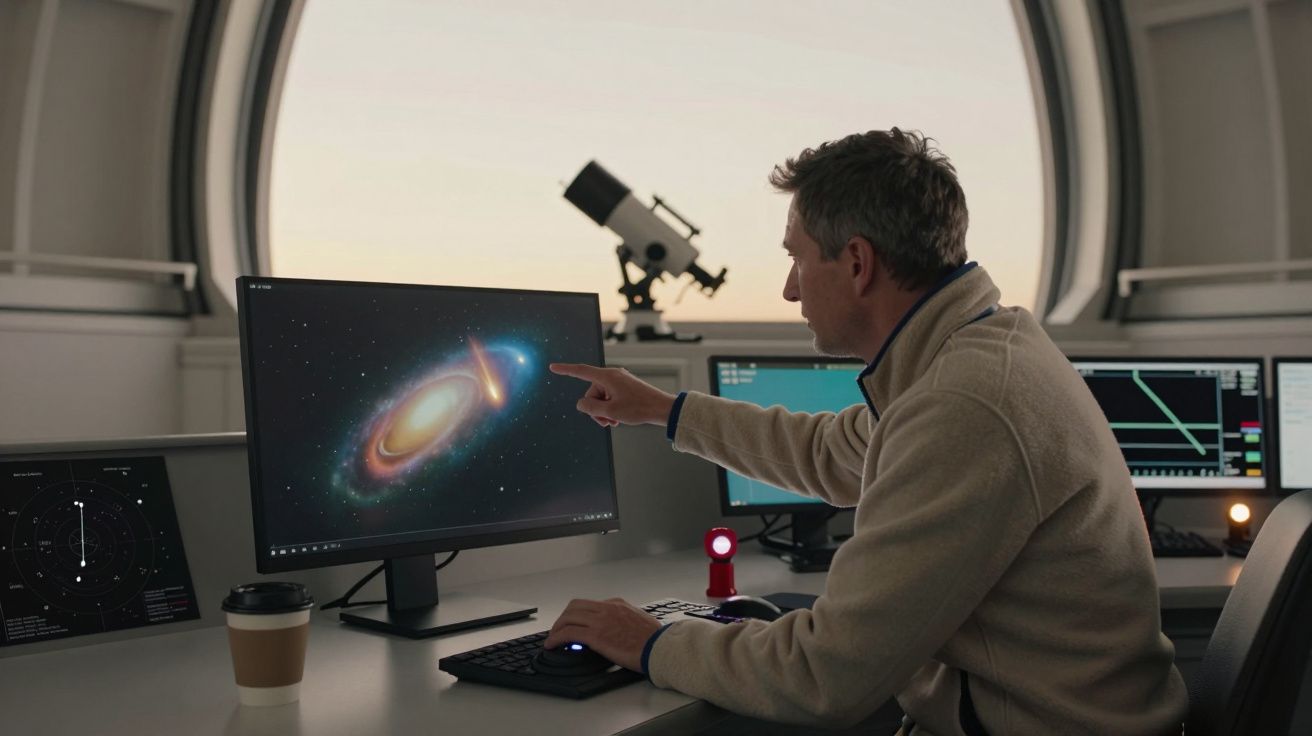 Astrónomo en un observatorio apunta a una pantalla con imagen de galaxia; telescopio en el fondo.