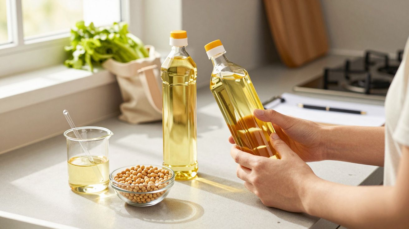 Manos sostienen botella de aceite en cocina con frascos de aceite y granos de soja sobre la encimera.