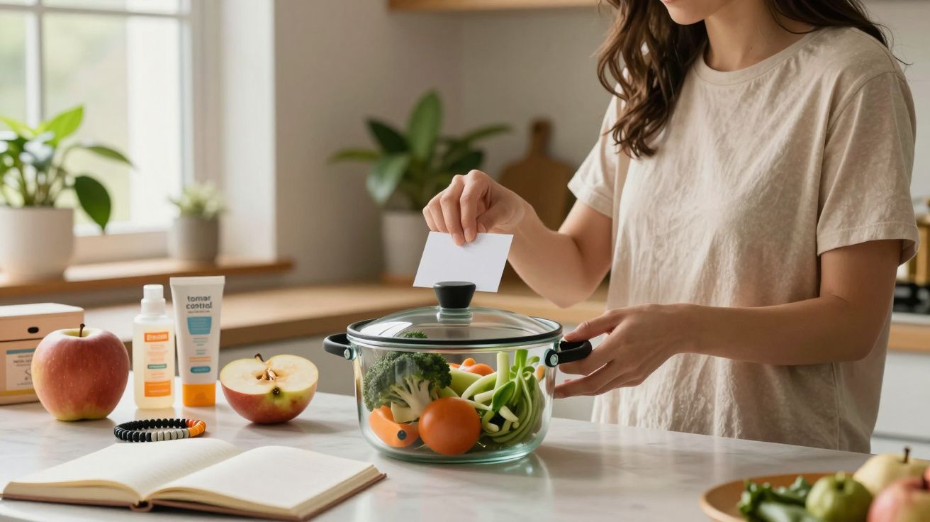 Mujer preparando verduras en una olla en la cocina junto a fruta, libro abierto y productos en la encimera.