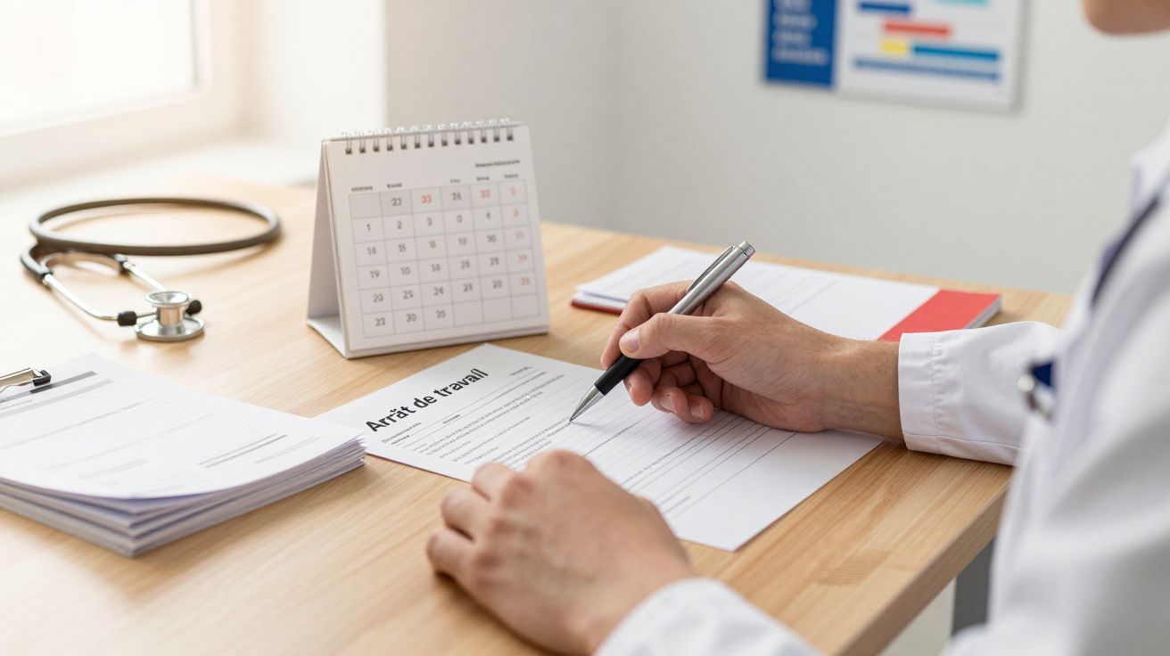 Persona escribiendo en un formulario sobre un escritorio con calendario, estetoscopio y documentos.