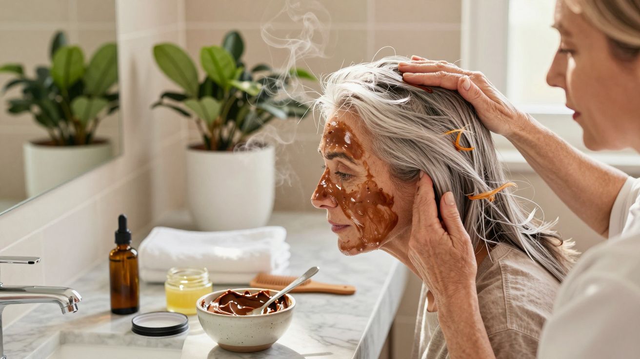 Mujer con mascarilla facial de chocolate, otra persona ajusta su cabello en baño moderno con plantas al fondo.