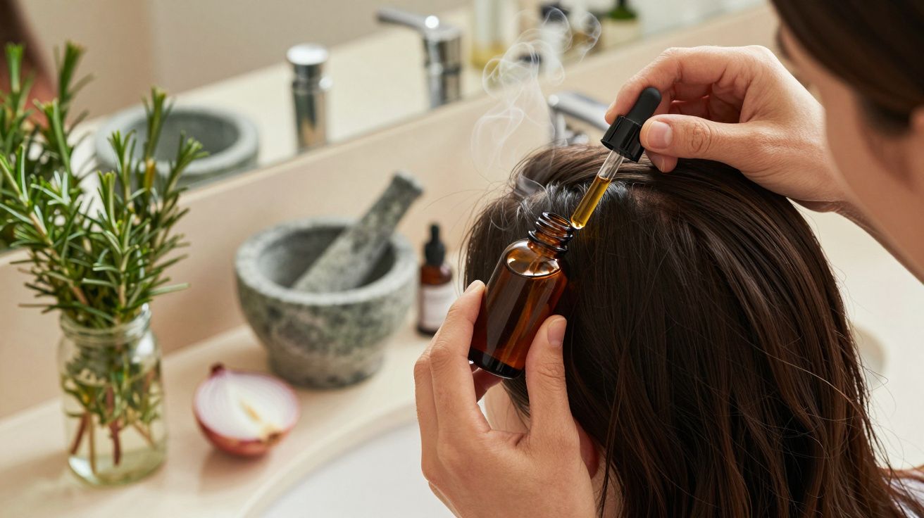 Aplicación de aceite en el cuero cabelludo con gotero, fondo con romero y mortero en lavabo.