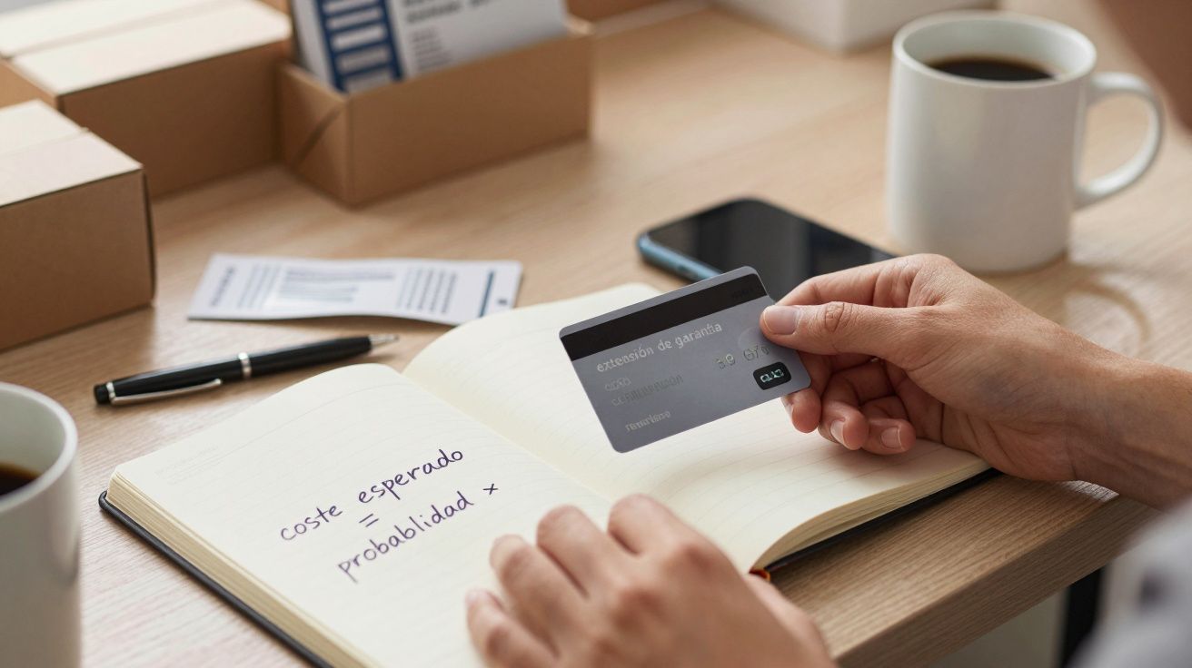 Mano sosteniendo tarjeta de crédito sobre cuaderno con cálculos financieros, rodeado de tazas de café y teléfono móvil.