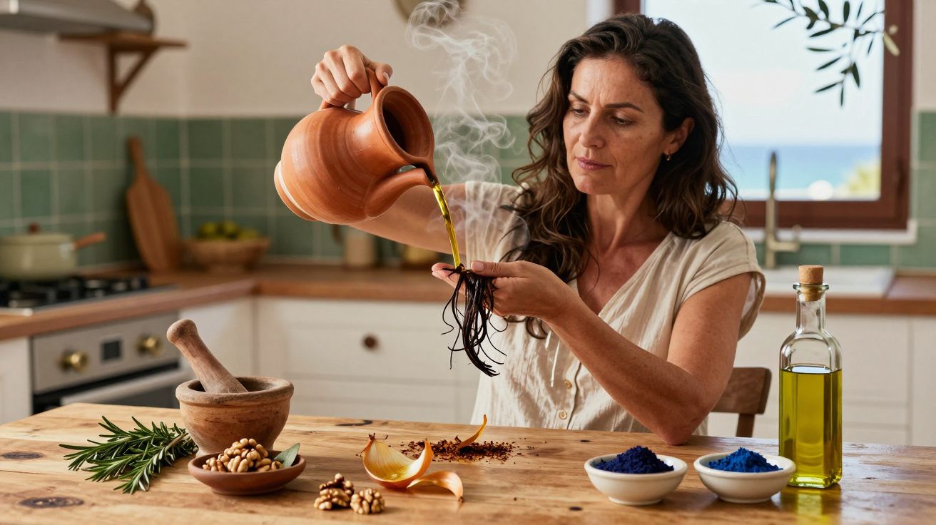 Mujer con jarra de barro vierte líquido sobre hojas oscuras en cocina rústica, con especias y aceite en la mesa.