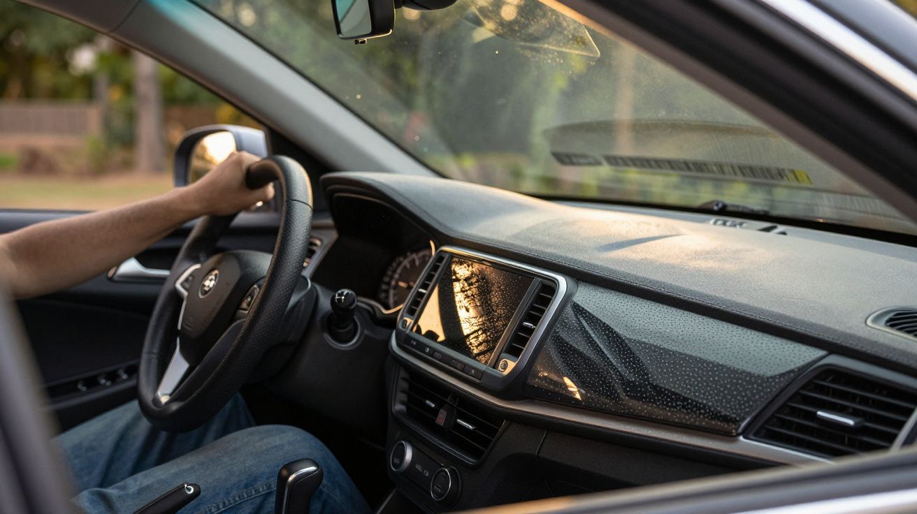 Interior de un coche con conductor, mostrando el volante y una pantalla con reflejos del sol en el salpicadero.