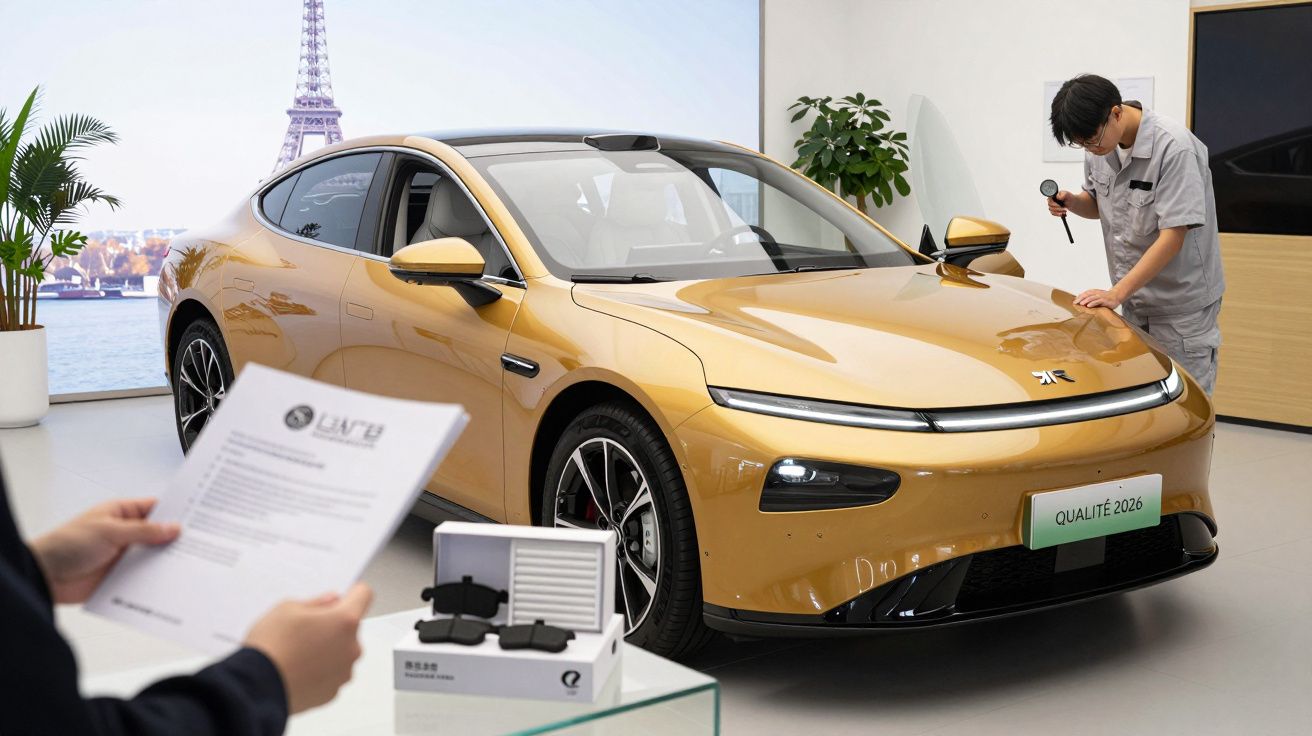 Persona revisando un coche dorado en un showroom. Hay un póster de la Torre Eiffel al fondo y una planta al lado.