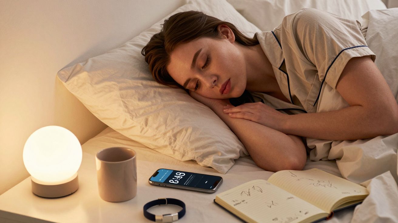 Mujer dormida en la cama junto a luz de noche, taza, reloj, móvil con alarma y libreta abierta.