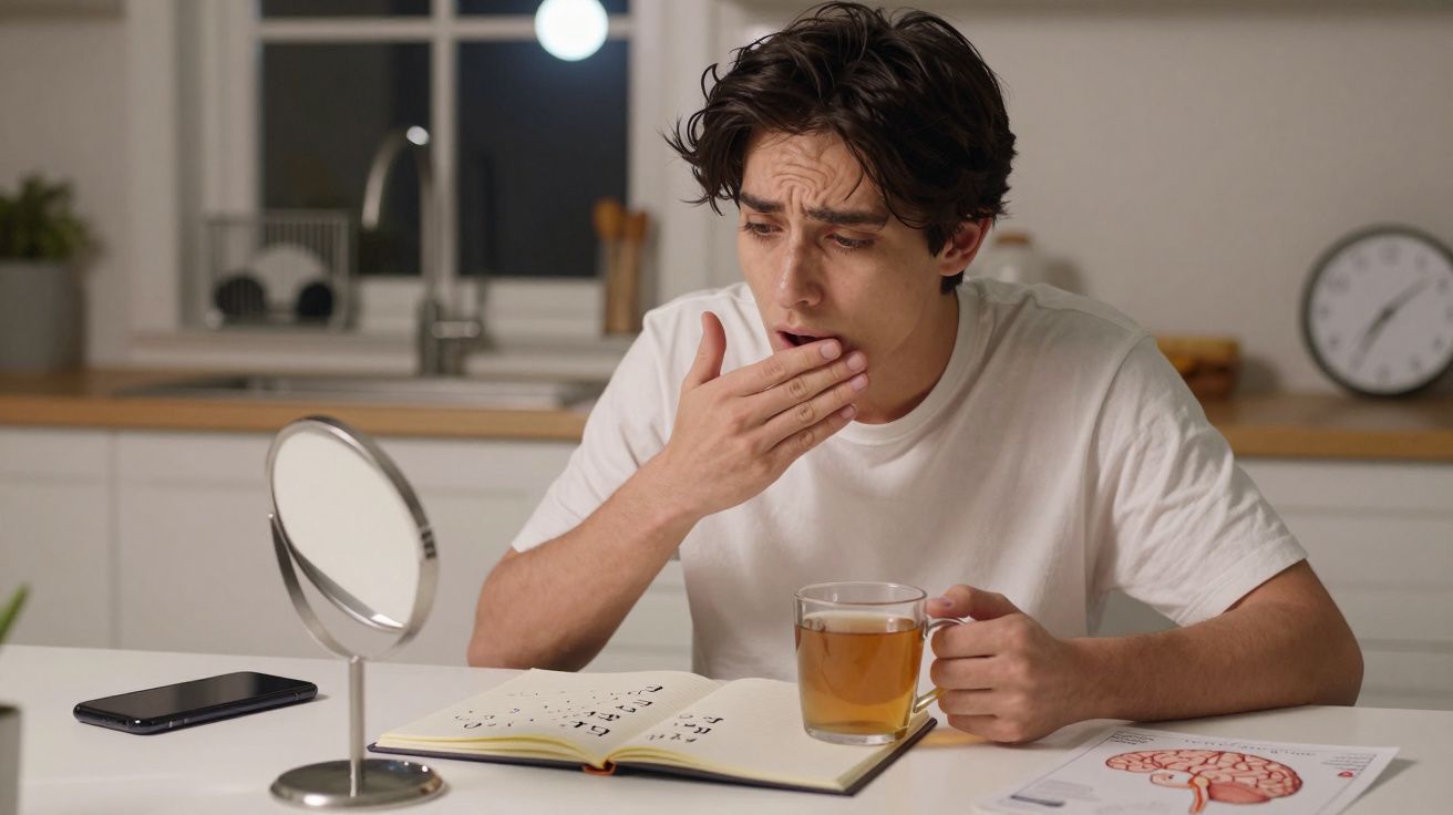 Hombre cansado en la cocina, con taza de té y libro abierto, cubriéndose la boca mientras bosteza.