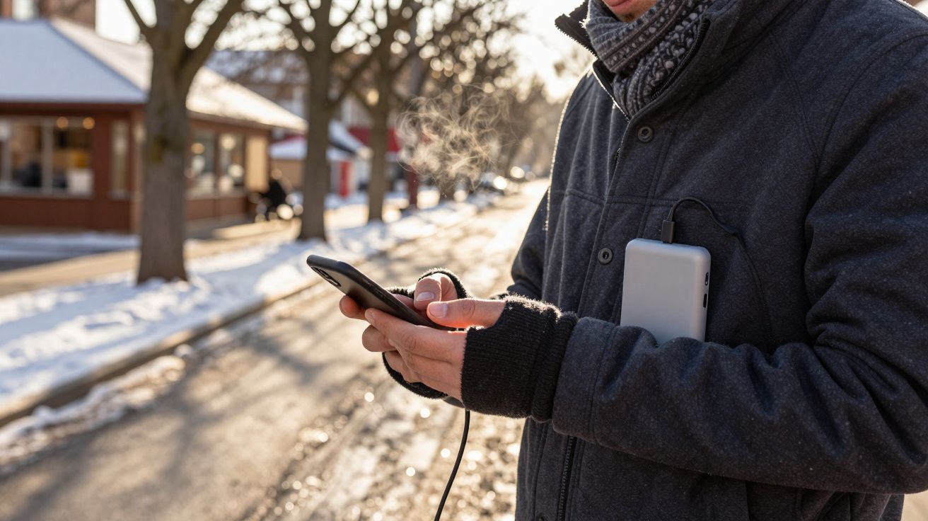 Persona con abrigo usando móvil en una calle nevada y soleada. Aliento visible en el aire frío.