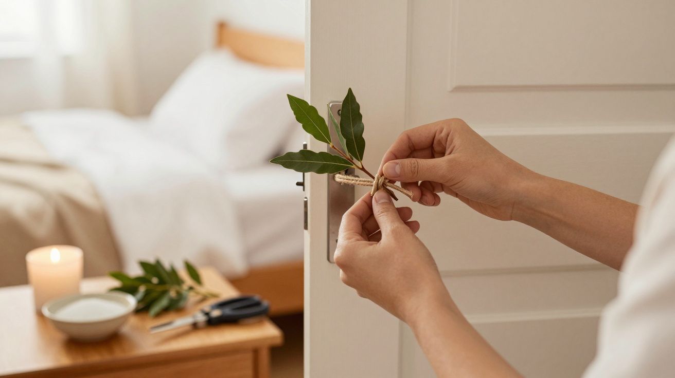 Manos colocando hojas de laurel en una puerta blanca, fondo con cama y vela encendida.