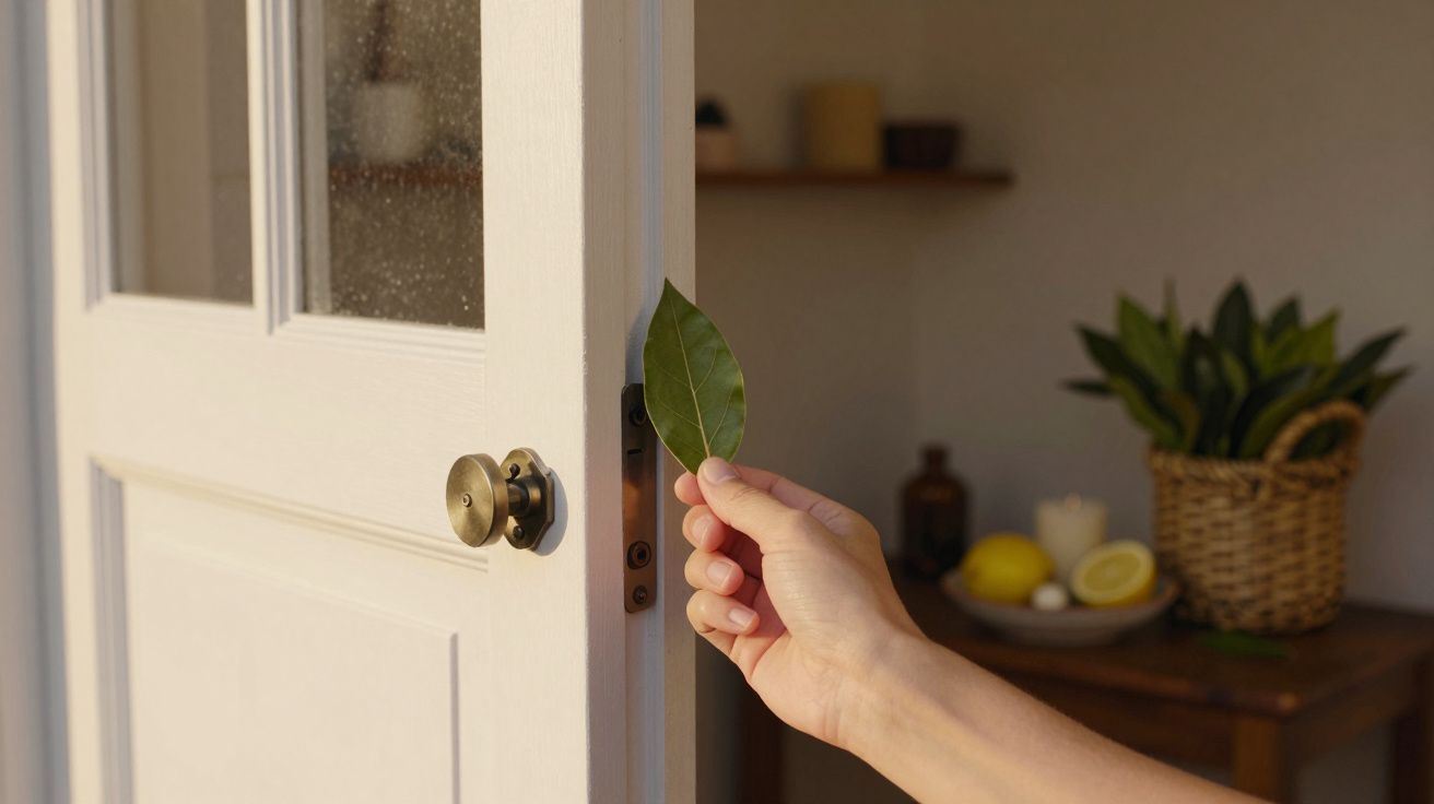 Mano sujetando una hoja en la cerradura de una puerta blanca, al fondo mesa con frutas y plantas.
