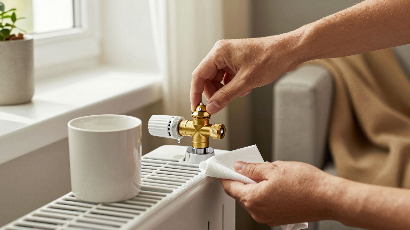 Manos ajustan la válvula de un radiador blanco junto a una taza y una ventana.