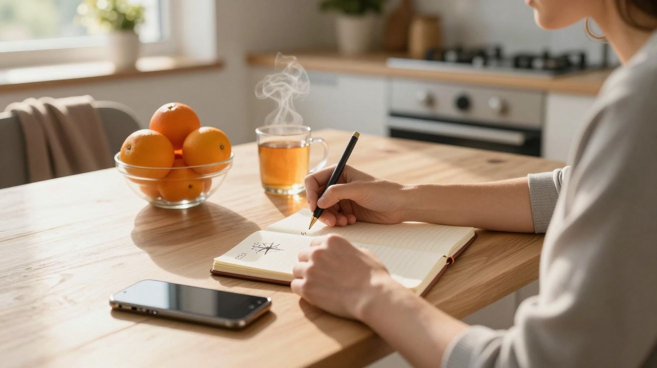 Persona escribiendo en un cuaderno en la cocina, con fruta, té y un móvil en la mesa.