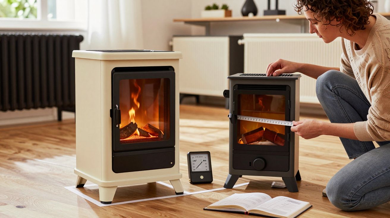 Persona midiendo una estufa de leña negra, al lado de otra blanca encendida, sobre un suelo de madera.