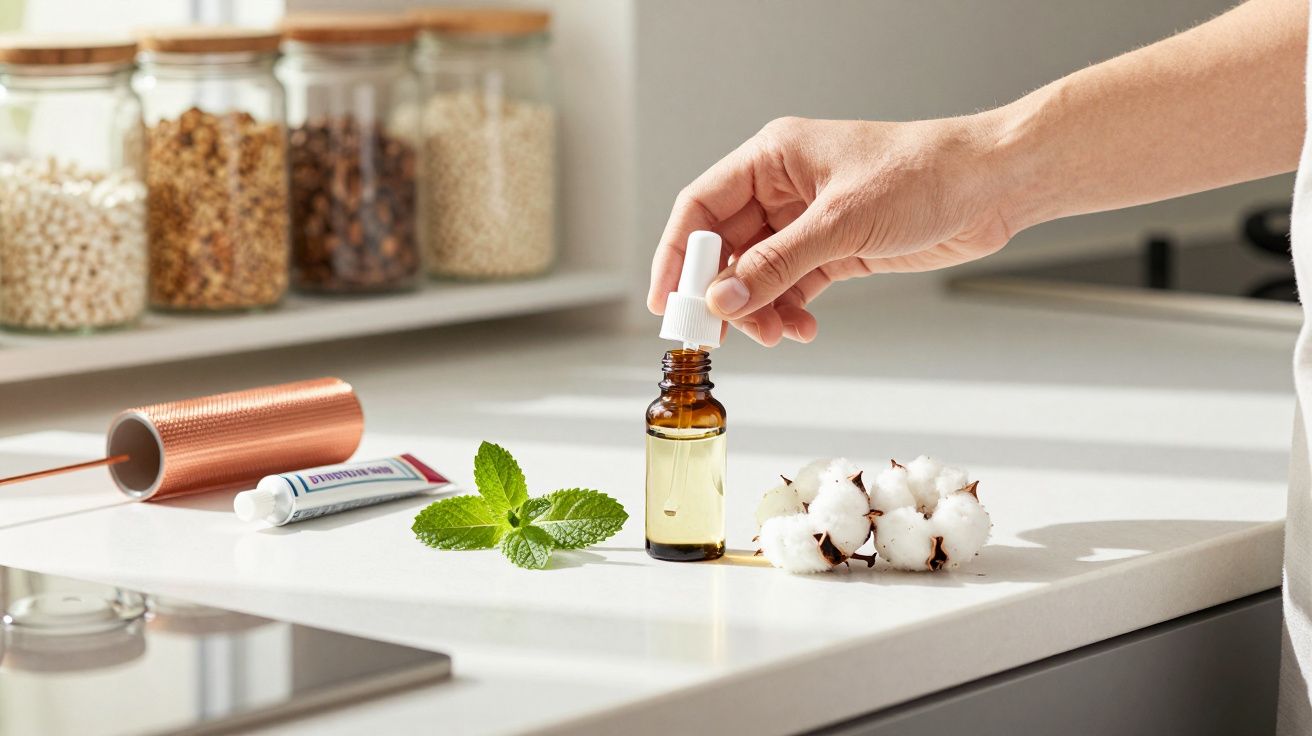 Mano sosteniendo frasco de gotero, cerca de hojas de menta, algodón y tubo en mostrador de cocina iluminado.